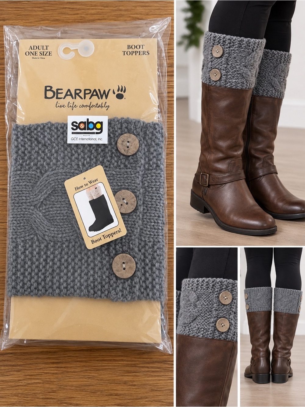 BEARPAW Gray Knit Boot Toppers Adult One Size Button Cable Knit New